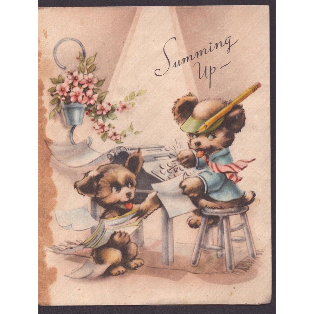Vintage Janet Town Puppies Office Typewriter Get Well Greeting Card USA Made
